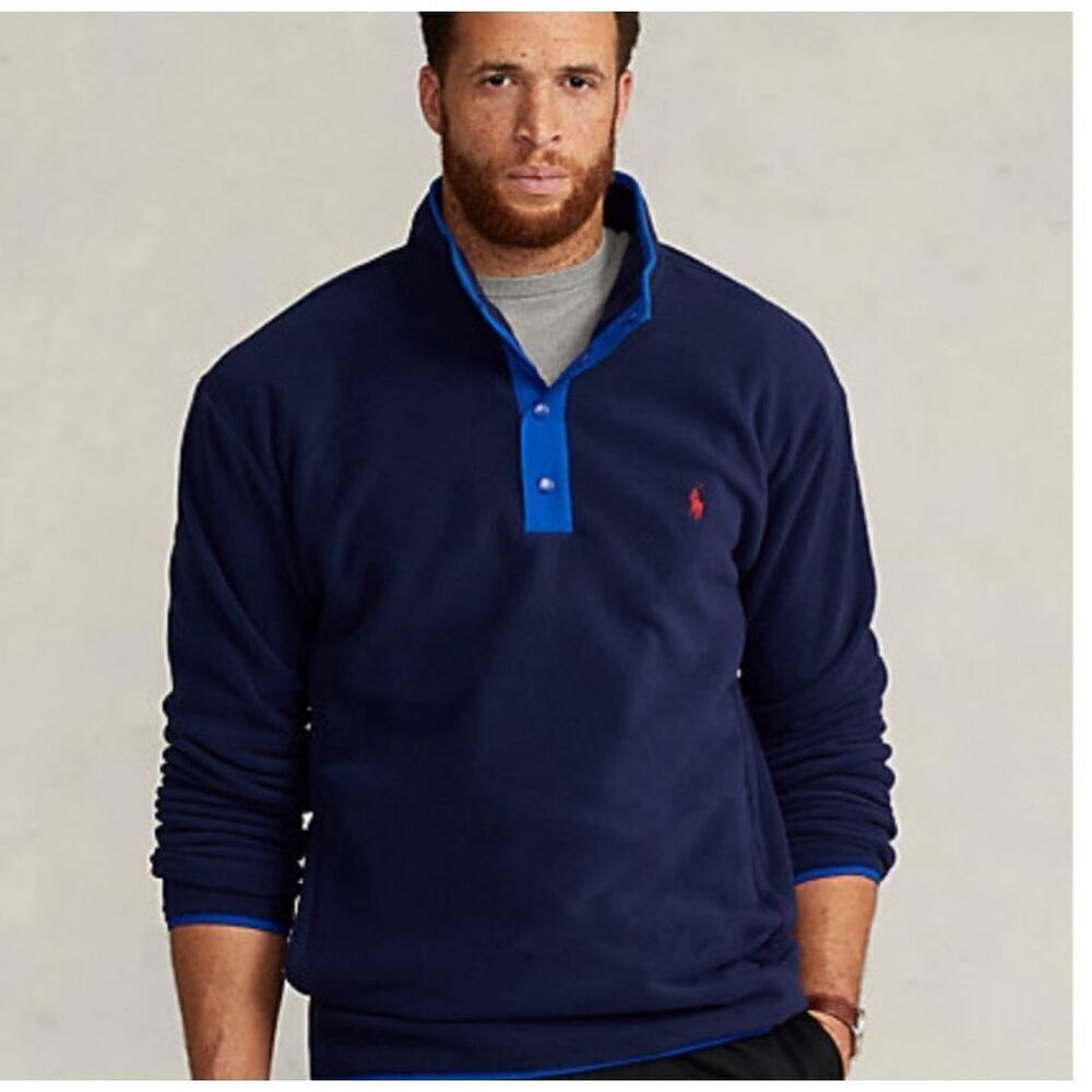 Polo Ralph Lauren Mens Mock Neck Long Sleeve Fleece Sweater Blue Size Large‎
